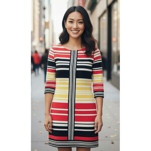 London Times Sheath‎ Dress 12 Vibrant Stripes Geometric Bold Career Modern Chic